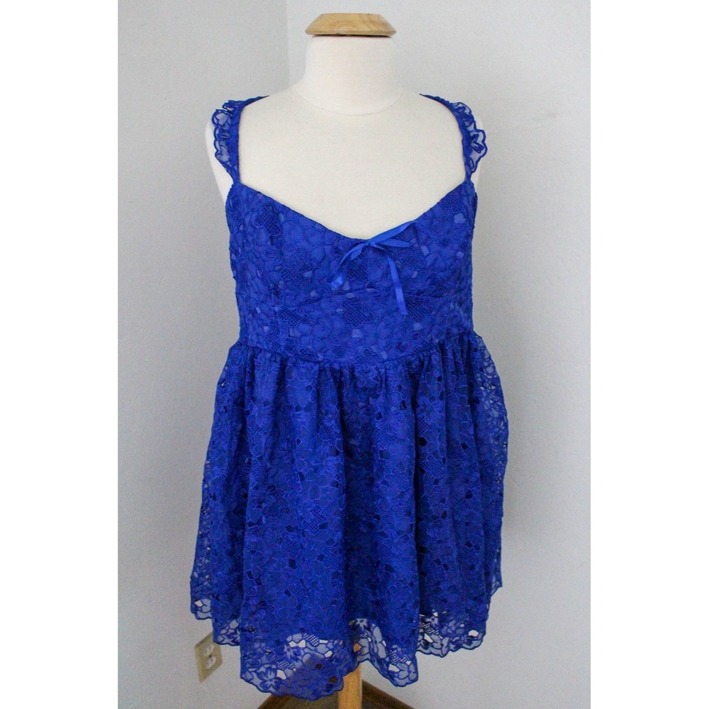 Anthropologie Mini Dress XL Blue Lace Ruffle Strap Corset Babydoll Party Short